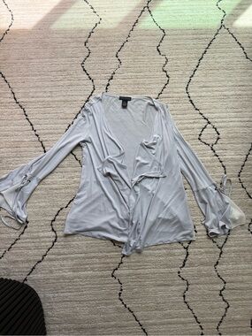 City Chic Pale Gray Ruffle-Front Tunic with Flared Tie Sleeves
